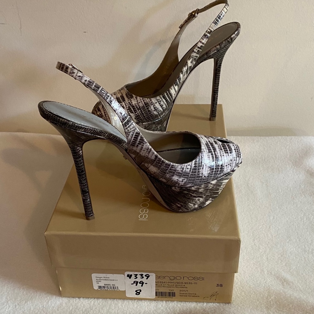 Sergio Rossi Python Print Platform Pip-Toe Shiny Patent Leather Sandals